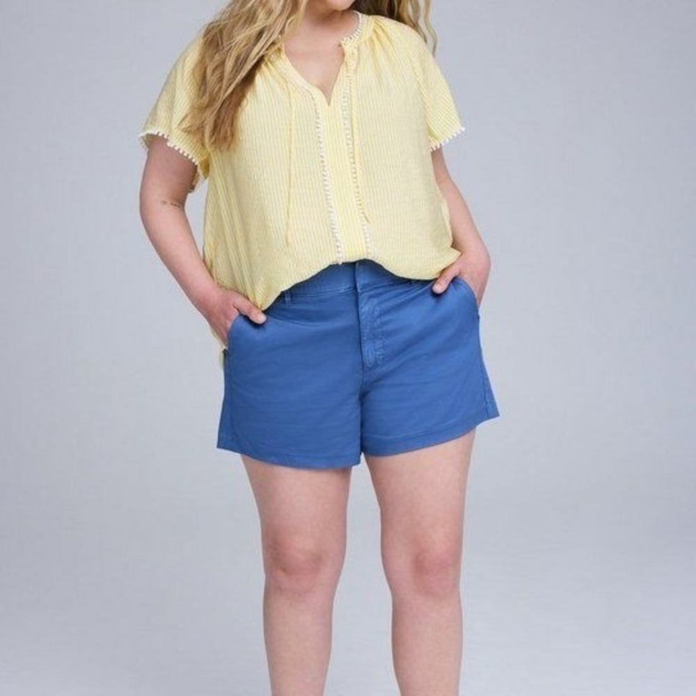 Torrid Belle Isle Yellow Stripe Popover Blouse Pom Pom Trim Top Womens 0X NEW